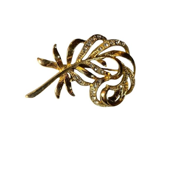 Vintage Goldtone Feather Brooch Rhinestones 2" Pin - Picture 2 of 6